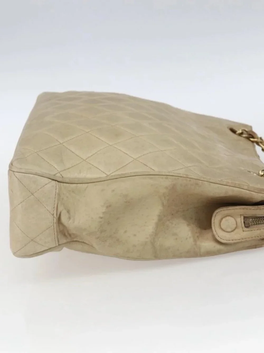 CHANEL Chain Matelasse Tote Bag Lamb Skin Beige Gold CC Auth bs32364